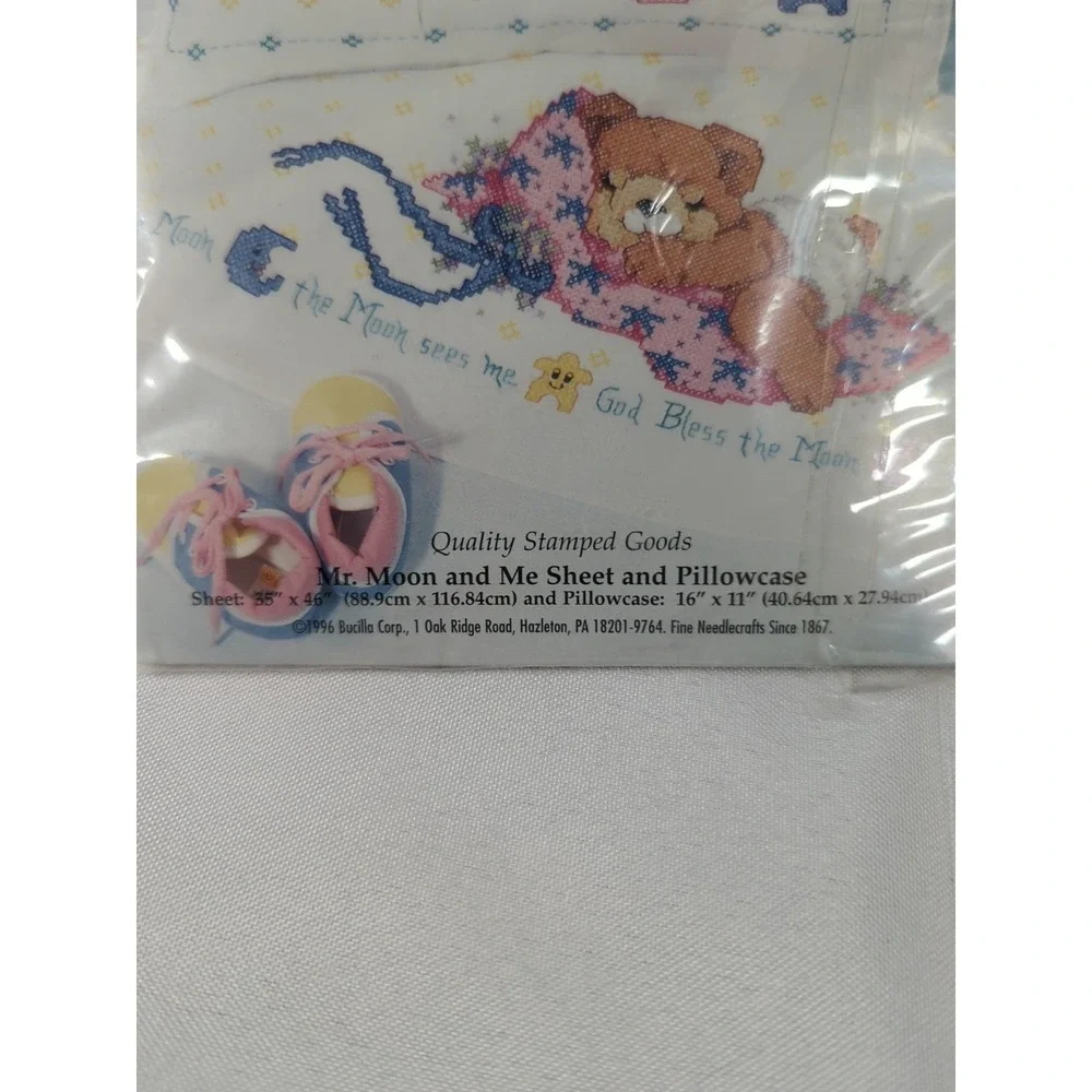 Bucilla Stamped Cross Stitch Mr Moon & Me Baby Sheet & Pillowcase Set 64497